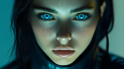 Close-up portrait of a woman with blue eyes and wet skin, looking directly at the camera.