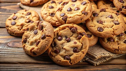 Irresistible chocolate chip cookies on background , homemade, sweet, delicious, baked goods, dessert, treat