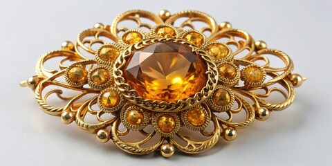 Citrine brooch with intricate design on background, citrine, gemstone, brooch, jewelry, accessory, fashion, gold,background