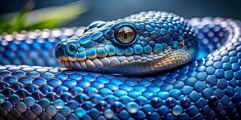 Fototapeta premium A majestic blue snake covered in shiny scales with water droplets, representing beauty in nature