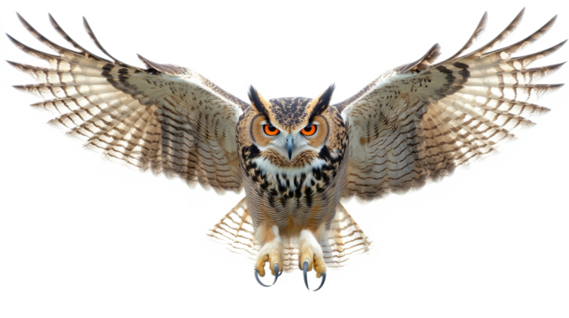 Majestic eurasian eagle owl with spread wings isolated transparent background