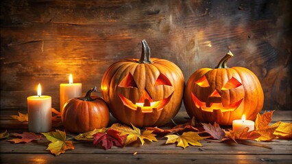 Three eerie Halloween jack-o-lantern pumpkins surrounded by autumn leaves and candles