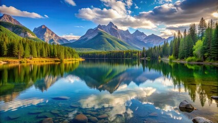 Fototapeta premium A serene lake nestled in the majestic mountains , tranquil, nature, landscape, water, reflection, scenic, sky, peaceful