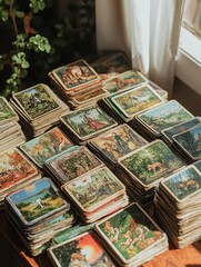 Fototapeta premium A vibrant collection of vintage postcards stacked by a sunny window, showcasing beautiful landscapes and artistic designs.