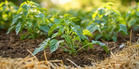 Obraz premium Cultivating green pepper plants in a garden bed covered with straw mulch