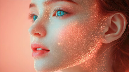 Close-up portrait of a woman with sparkling skin and blue eyes.