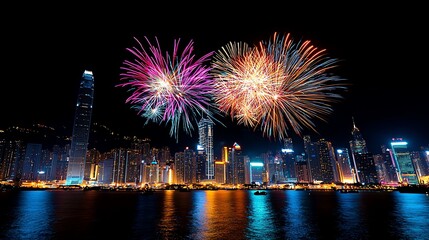Vibrant fireworks illuminate the night sky over a city skyline, creating a festive atmosphere and a stunning visual display.