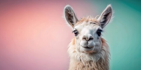 Obraz premium Cute face llama with fluffy fur against a pastel background, llama, cute, fluffy, adorable, animal, face, pastel, background, sweet