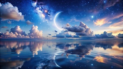 Obraz premium Enchanting scene of crescent moon and stars reflected in calm waters with fluffy clouds below, Magical, landscape