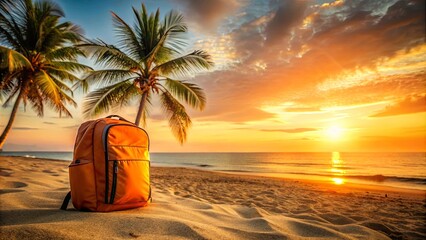 Orange backpack on sandy beach at sunset with palm trees, perfect for a travel adventure vacation holiday