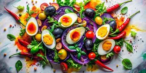 artful abstract composition vivid colors blending Spicy Century Egg Salad ingredients with bold brushstrokes and textures on white canvas background