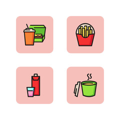 Takeaway food icon set. Coffee cup and sandwich, French fries, juice carton, cup with hot drink. Fast food concept. Vector illustration can be used for topics like service, unhealthy eating