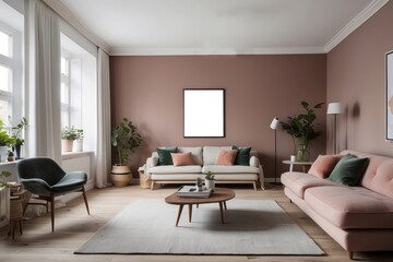 Modern living room interior with pink couch, white rug, and wooden coffee table