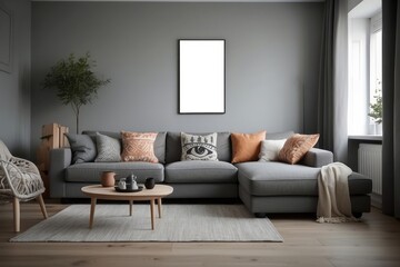 Modern Living Room Interior with Gray Sectional Sofa, Wooden Coffee Table, and a Blank Frame