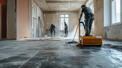 Renovation cleaning service professionals removing debris and dust from a renovated space....