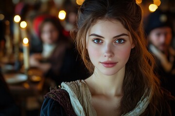 Fototapeta premium Dramatic candlelit portrait of a young woman with a mysterious gaze