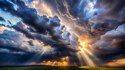 Fototapeta premium Dark clouds with the sun breaking through, stormy weather, dramatic lighting