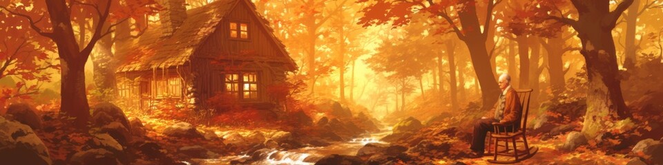 Obraz premium Autumn Serenity: Cozy Cabin in Vibrant Maple Forest - Anime-Style Illustration for Seasonal Marketing and Nature Retreats. Peaceful Lifestyle Scene with Elderly Person in Rocking Chair by Clear Stream