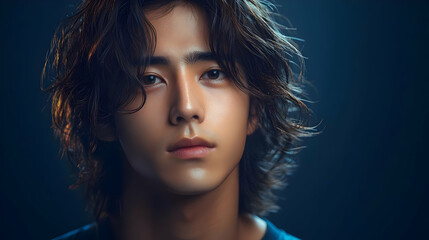 Naklejka premium Close-up portrait of a young man with long, dark, and wavy hair, looking directly at the camera with a serious expression.