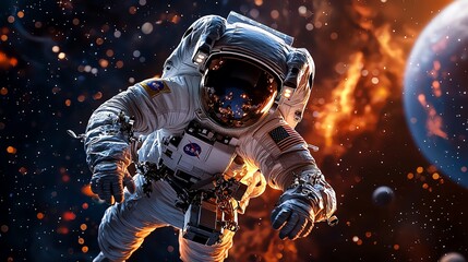 Fototapeta premium An astronaut explores the cosmos, capturing the beauty of space with vibrant colors and breathtaking celestial phenomena.