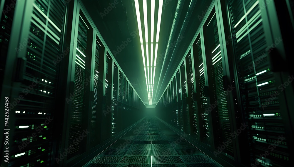 Poster server room. modern dark data center with rows of server cabinets illuminated by bright lights, crea