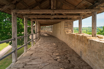 View of the gallery of the Izborsk fortress Wall on a sunny summer day, Izborsk, Pskov region,...
