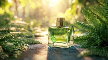 A high-quality, realistic 3D render of a perfume glass bottle with a backdrop of a vibrant forest landscape. The bottle stands on a smooth, natural stone surface surrounded by lush green ferns.