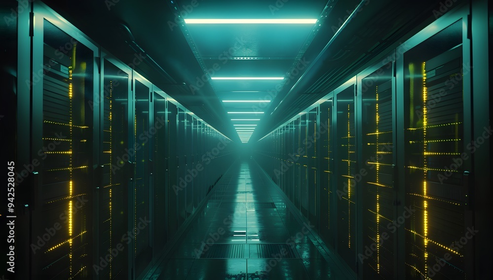 Poster server room. modern dark data center with rows of server cabinets illuminated by bright lights, crea