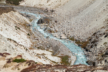 Scenery view of Dudh Koshi river known for its highest elevation and flows through the Sagarmatha National Park in Nepal.