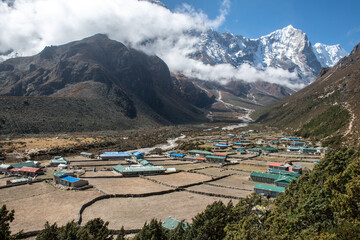 Scenery view of Thame, a traditional Sherpa village, is located at an altitude of around 3,800 meters (12,470 feet) in the Khumbu Valley of Nepal.
