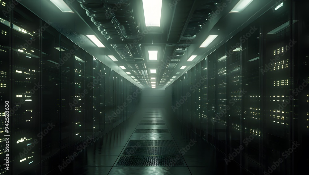 Poster server room. modern dark data center with rows of server cabinets illuminated by bright lights, crea