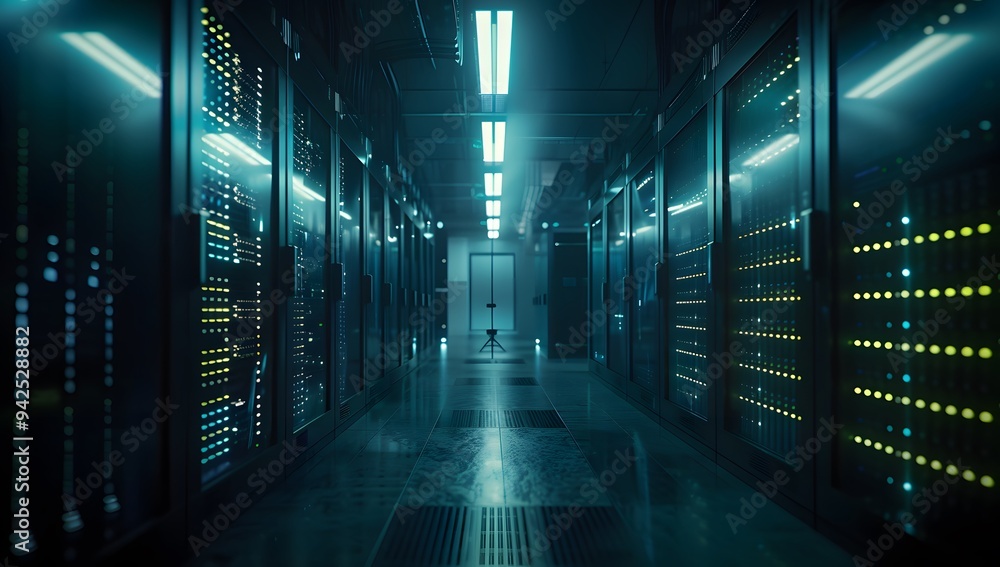 Poster server room. modern dark data center with rows of server cabinets illuminated by bright lights, crea