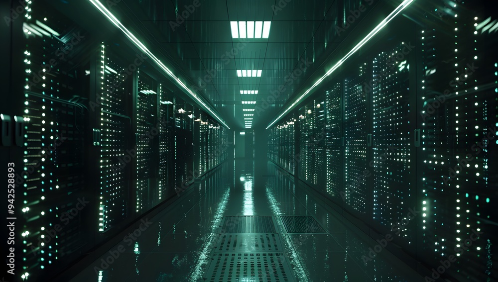 Poster server room. modern dark data center with rows of server cabinets illuminated by bright lights, crea