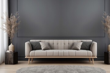 Modern Beige Sofa in a Minimalist Living Room with Gray Walls