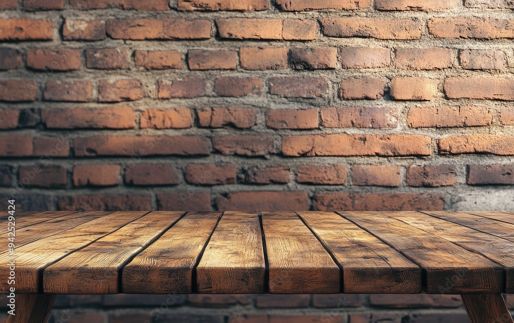 Poster 3d rendering of a wooden table set against a rustic brick wall blur background featuring empty space