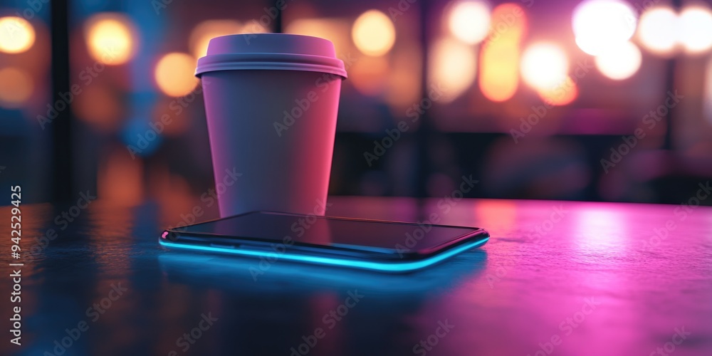 Poster 3d rendering of a coffee cup and smartphone with a blurred background in a cafe setting