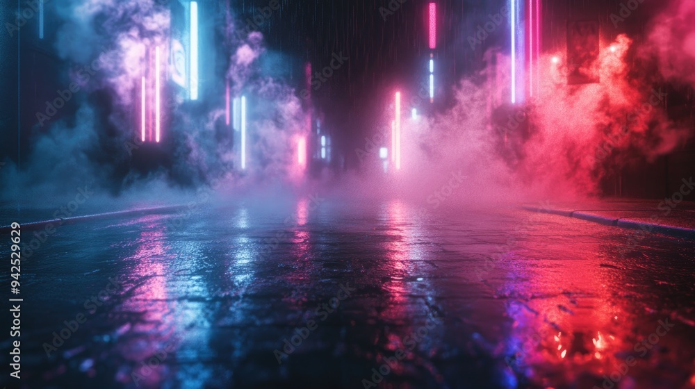 Poster 3d rendering of an empty background scene featuring dark street reflections on wet asphalt illuminat