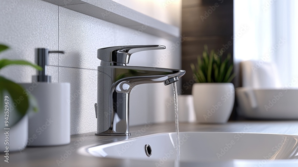 Poster 3d rendering of a faucet with a water drop in a bathroom setting featuring ample copy space