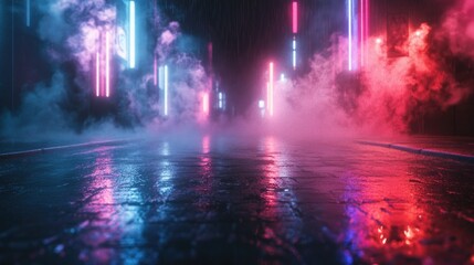 3D rendering of an empty background scene featuring dark street reflections on wet asphalt illuminated by neon light rays neon figures and smoke creating an abstract dark atmosphere