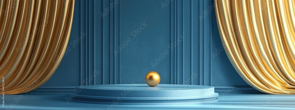 Poster empty podium with a ball and gold curtain in a blue composition for modern stage display abstract sh