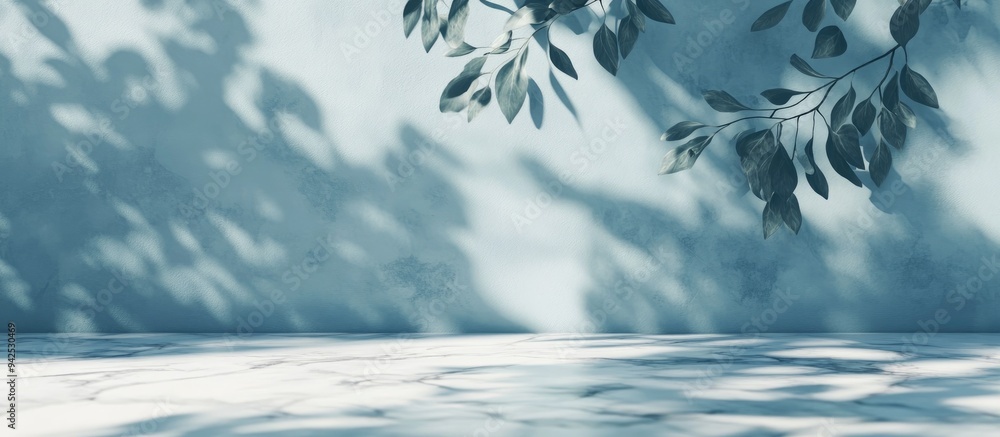 Poster 3d rendering of a minimalistic light background featuring blurred foliage shadows on a soft blue wal