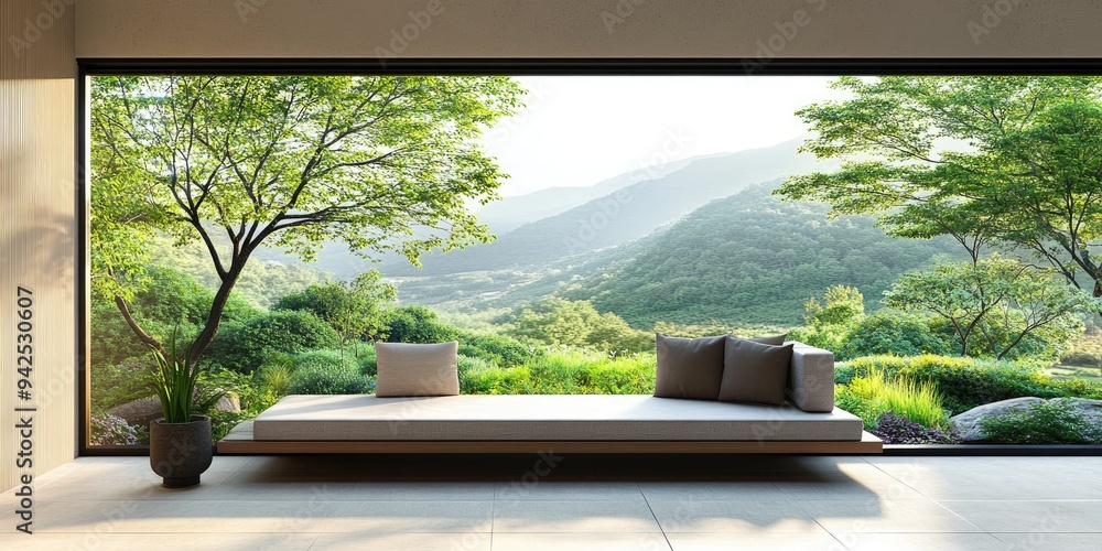 Poster 3d rendering of a modern interior featuring a sofa and a summer landscape viewed through a window