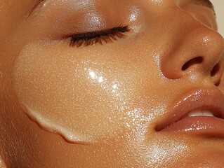 Obraz premium Close-up of a woman's face with glowing skin and a hydrating mask, showcasing skincare beauty and wellness.