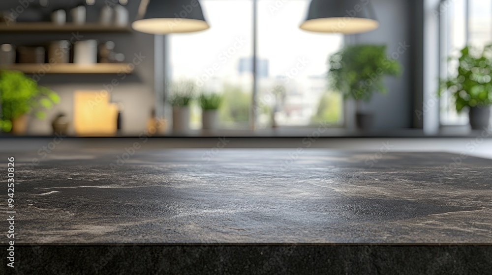 Poster 3d rendering of a stone tabletop with a blurred kitchen interior background ideal for displaying or 