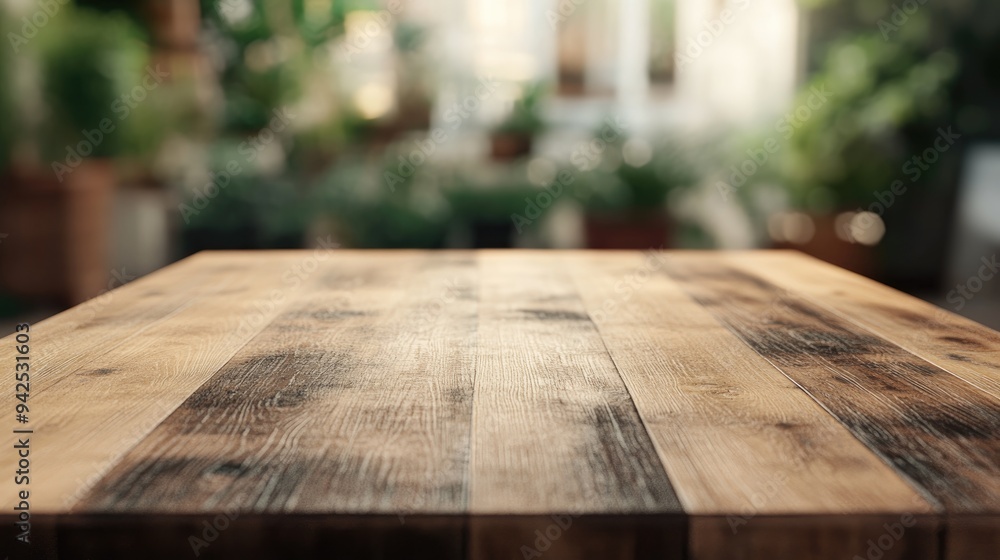 Aufkleber 3D rendering of a close up view of a wooden table with a blurred background