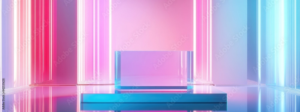 Poster abstract backdrop design featuring a glass cube podium for product promotion 3d rendering