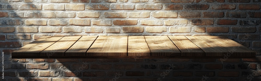 Poster 3d rendering of an empty wooden table against a brick wall with sunlight shadows creating a horizont