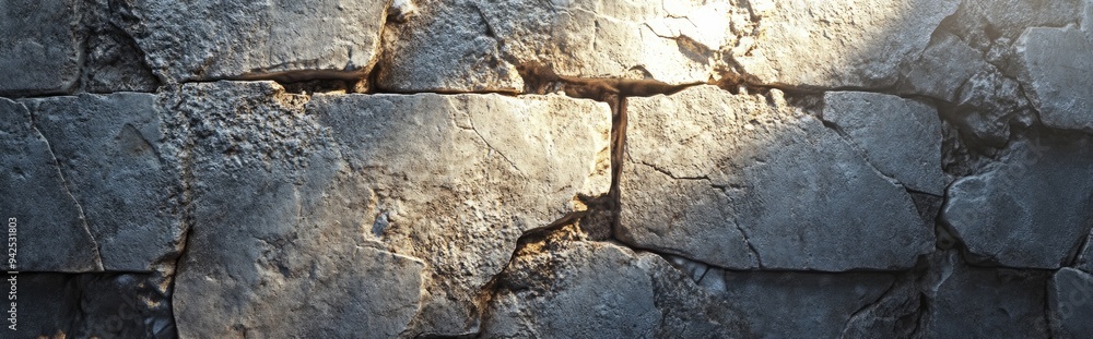 Poster 3d rendering of an ancient stone gray wall fragment illuminated by sunlight