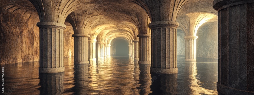 Poster 3d rendering of an ancient underground water reservoir featuring intricate columns and arches