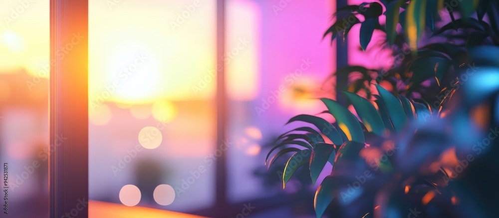 Poster 3d rendering of a blurred background through a home window with sunlight and outdoor elements